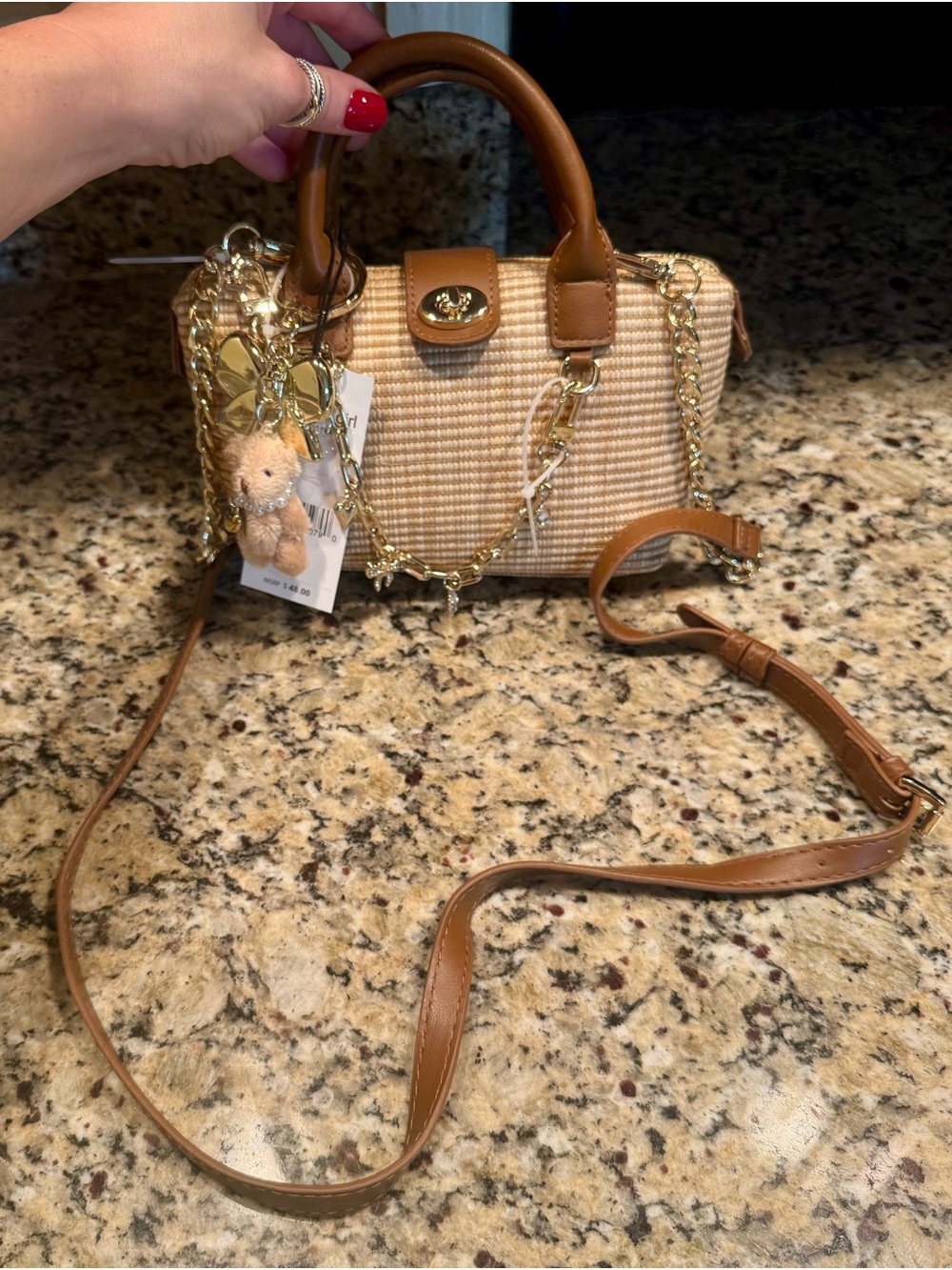 NWT Madden Girl Beige Woven Mini Crossbody with Tan Trim and Gold Decor Chain